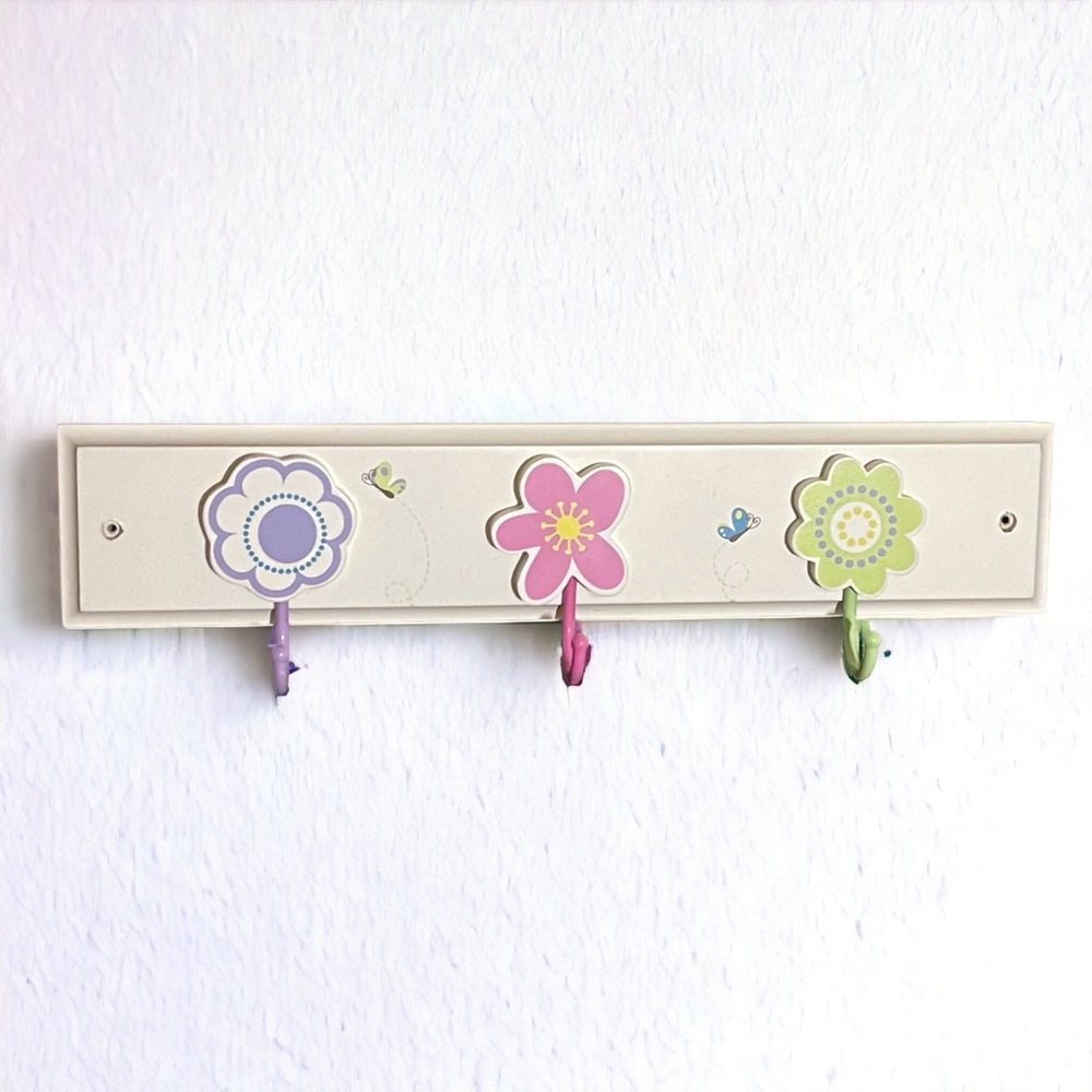 Girl 3 Hook Rack Coat & Towel Nursery White Butterfly & Flower Wooden Hooks